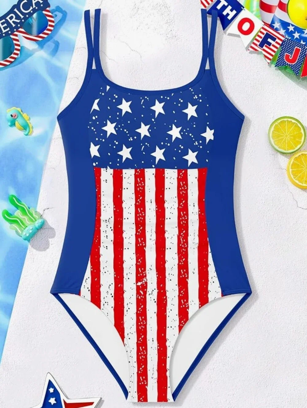 Girls' Red, White & Blue Stars-Stripes One-Piece Swimsuit Fits 9-10 Year Olds